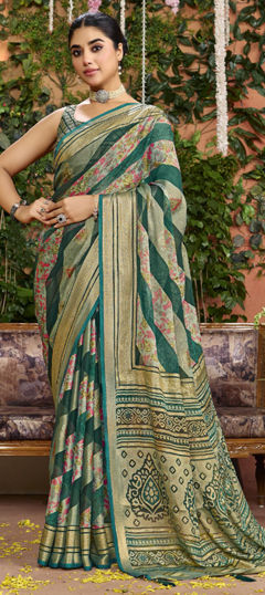 Green color Saree in Silk fabric with Printed work