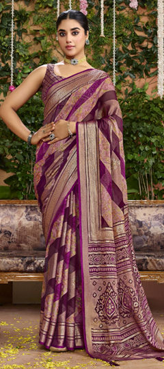 Purple and Violet color Saree in Silk fabric with Printed work