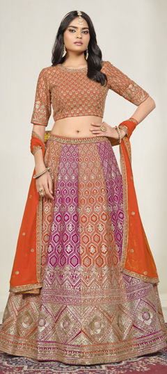 Orange, Pink and Majenta color Lehenga in Faux Georgette fabric with Embroidered, Sequence work