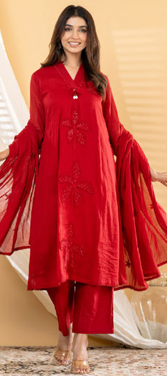 Red and Maroon color Salwar Kameez in Mul Cotton fabric with Bugle Beads, Lace, Patch work