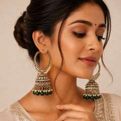Gold Rodium Polish Green color Earrings in Metal Alloy studded with Kundan, Pearl