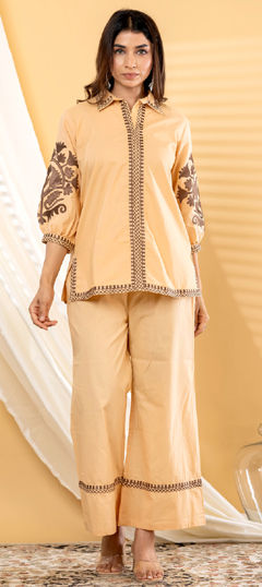 Beige and Brown color Co-ords Set in Cotton fabric with Embroidered work