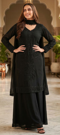 Black and Grey color Salwar Kameez in Chinon Silk fabric with Bugle Beads work