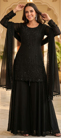 Black and Grey color Salwar Kameez in Chinon Silk fabric with Bugle Beads work