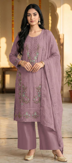 Purple and Violet color Salwar Kameez in Chiffon fabric with Embroidered, Sequence work