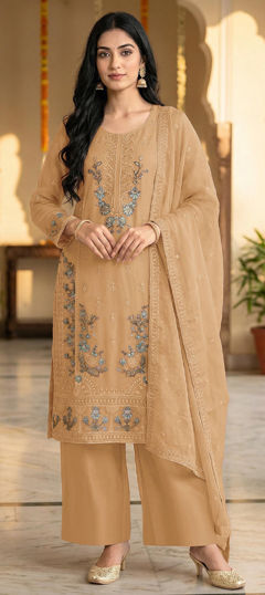 Beige and Brown color Salwar Kameez in Chiffon fabric with Embroidered, Sequence work
