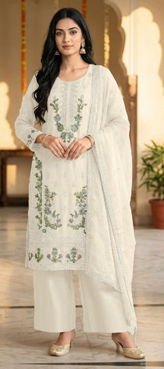 White and Off White color Salwar Kameez in Chiffon fabric with Embroidered, Sequence work
