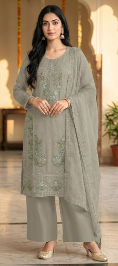 Black and Grey color Salwar Kameez in Chiffon fabric with Embroidered, Sequence work