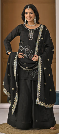 Black and Grey color Salwar Kameez in Silk fabric with Embroidered, Moti, Sequence work