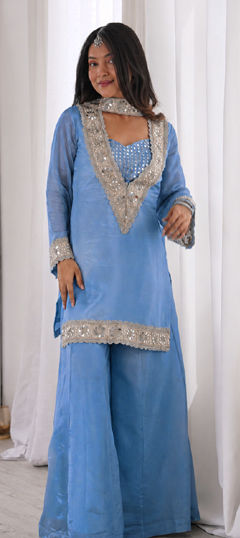 Blue color Salwar Kameez in Chinon Silk fabric with Mirror, Moti work