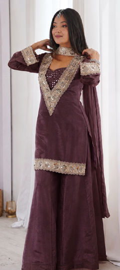Beige and Brown color Salwar Kameez in Chinon Silk fabric with Mirror, Moti work