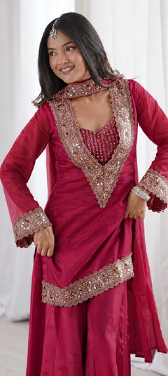 Red and Maroon color Salwar Kameez in Chinon Silk fabric with Mirror, Moti work