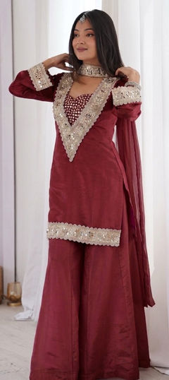 Red and Maroon color Salwar Kameez in Chinon Silk fabric with Mirror, Moti work
