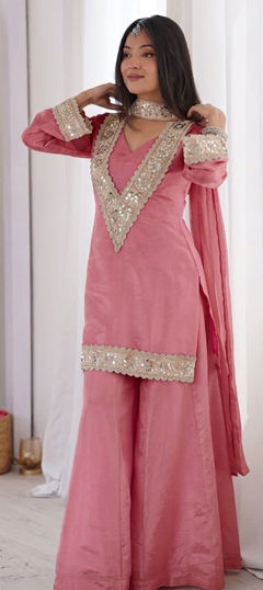 Pink and Majenta color Salwar Kameez in Chinon Silk fabric with Mirror, Moti work