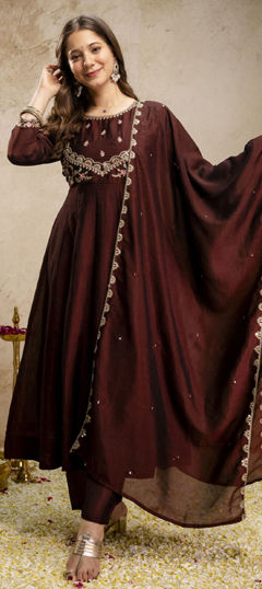 Beige and Brown color Salwar Kameez in Silk fabric with Embroidered work