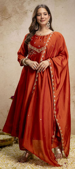 Orange color Salwar Kameez in Silk fabric with Embroidered work
