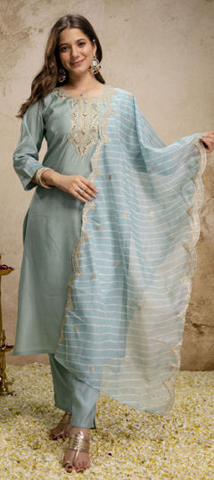 Blue color Salwar Kameez in Silk fabric with Embroidered work