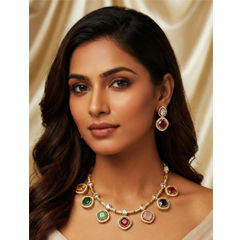 Gold Rodium Polish Multicolor color Necklace in Brass studded with Austrian diamond