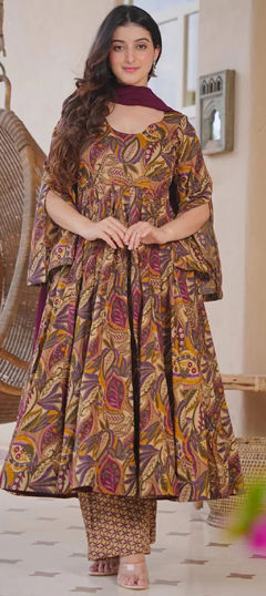 Multicolor color Salwar Kameez in Silk cotton fabric with Digital Print, Floral work