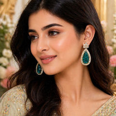 Gold Rodium Polish Green color Earrings in Metal Alloy studded with CZ Diamond