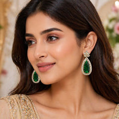 Gold Rodium Polish Green color Earrings in Metal Alloy studded with CZ Diamond