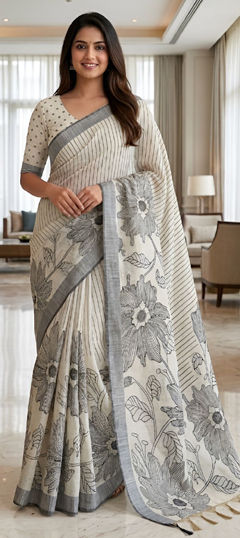 Black and Grey color Saree in Linen fabric with Printed, Weaving work