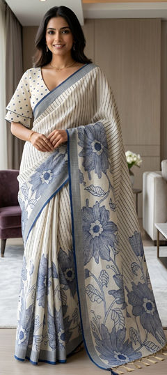 Blue color Saree in Linen fabric with Printed, Weaving work