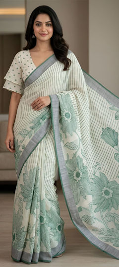 Green color Saree in Linen fabric with Printed, Weaving work