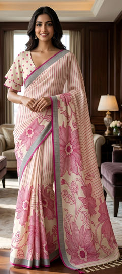 Pink and Majenta color Saree in Linen fabric with Printed, Weaving work