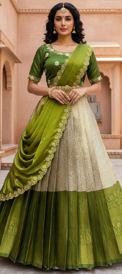 Beige and Brown, Green color Lehenga in Silk fabric with Embroidered, Weaving work