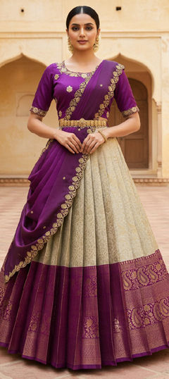 Beige and Brown, Purple and Violet color Lehenga in Silk fabric with Embroidered, Weaving work