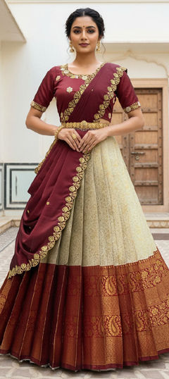 Beige and Brown, Red and Maroon color Lehenga in Silk fabric with Embroidered, Weaving work