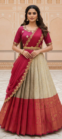 Beige and Brown, Red and Maroon color Lehenga in Silk fabric with Embroidered, Weaving work