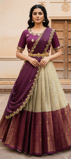 Beige and Brown, Purple and Violet color Lehenga in Silk fabric with Embroidered, Weaving work