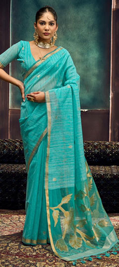 Blue color Saree in Silk fabric with Printed work
