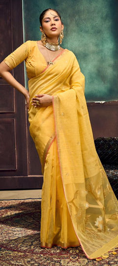Yellow color Saree in Silk fabric with Printed work