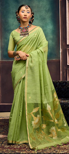 Green color Saree in Silk fabric with Printed work