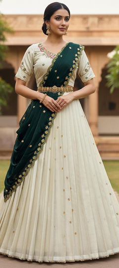 White and Off White color Lehenga in Silk fabric with Embroidered work