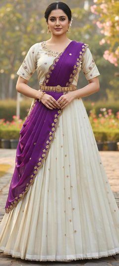 White and Off White color Lehenga in Silk fabric with Embroidered work