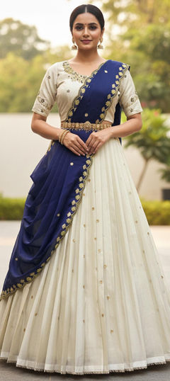White and Off White color Lehenga in Silk fabric with Embroidered work