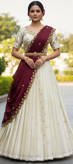 White and Off White color Lehenga in Silk fabric with Embroidered work