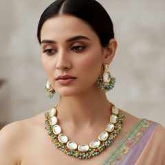 Gold Rodium Polish Multicolor color Necklace in Brass studded with Beads, CZ Diamond