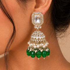 Gold Rodium Polish Green color Earrings in Metal Alloy studded with Pearl