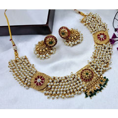 Gold Rodium Polish Green, Red and Maroon color Necklace in Copper studded with Pearl