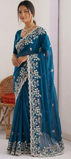 Blue color Saree in Silk fabric with Embroidered, Sequence work