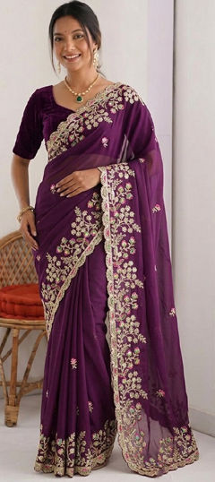 Purple and Violet color Saree in Silk fabric with Embroidered, Sequence work