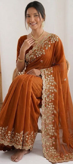 Beige and Brown color Saree in Silk fabric with Embroidered, Sequence work