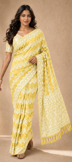 Yellow color Saree in Georgette fabric with Weaving work