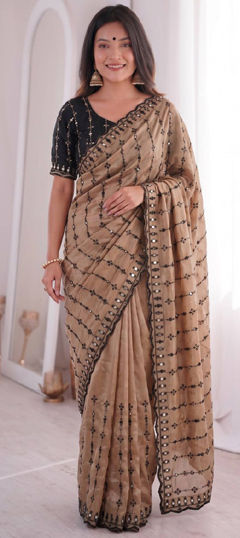 Beige and Brown color Saree in Viscose fabric with Embroidered, Mirror, Thread work