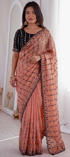 Beige and Brown color Saree in Viscose fabric with Embroidered, Mirror, Thread work